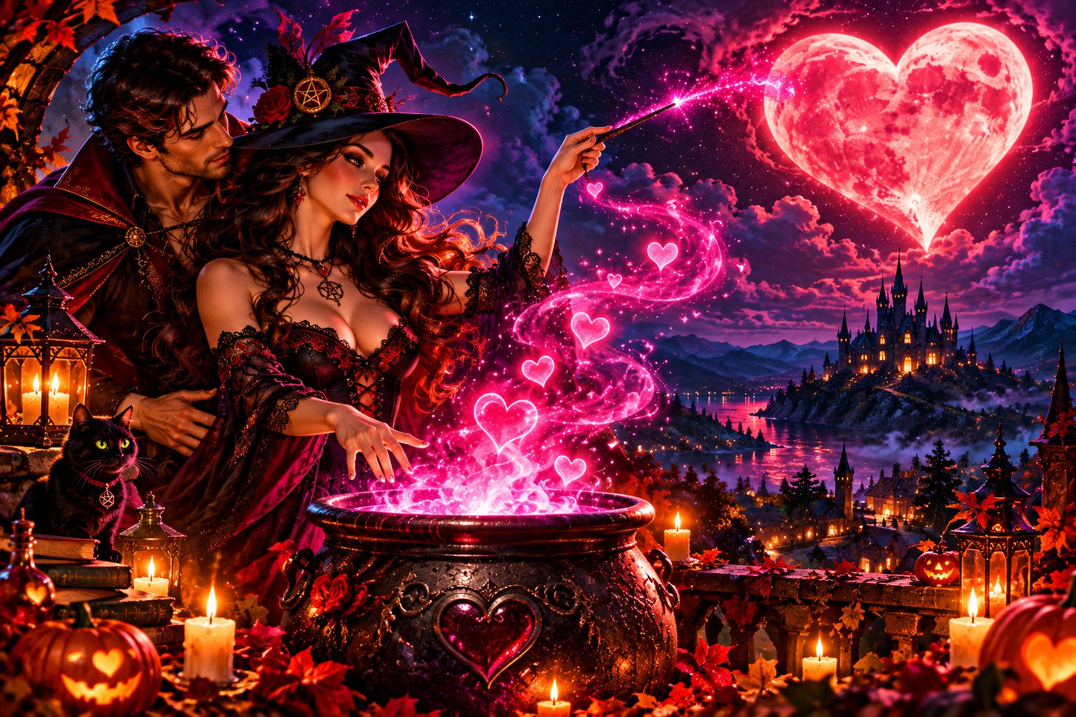 A witch stirring a cauldron of glowing hearts while her partner embraces her