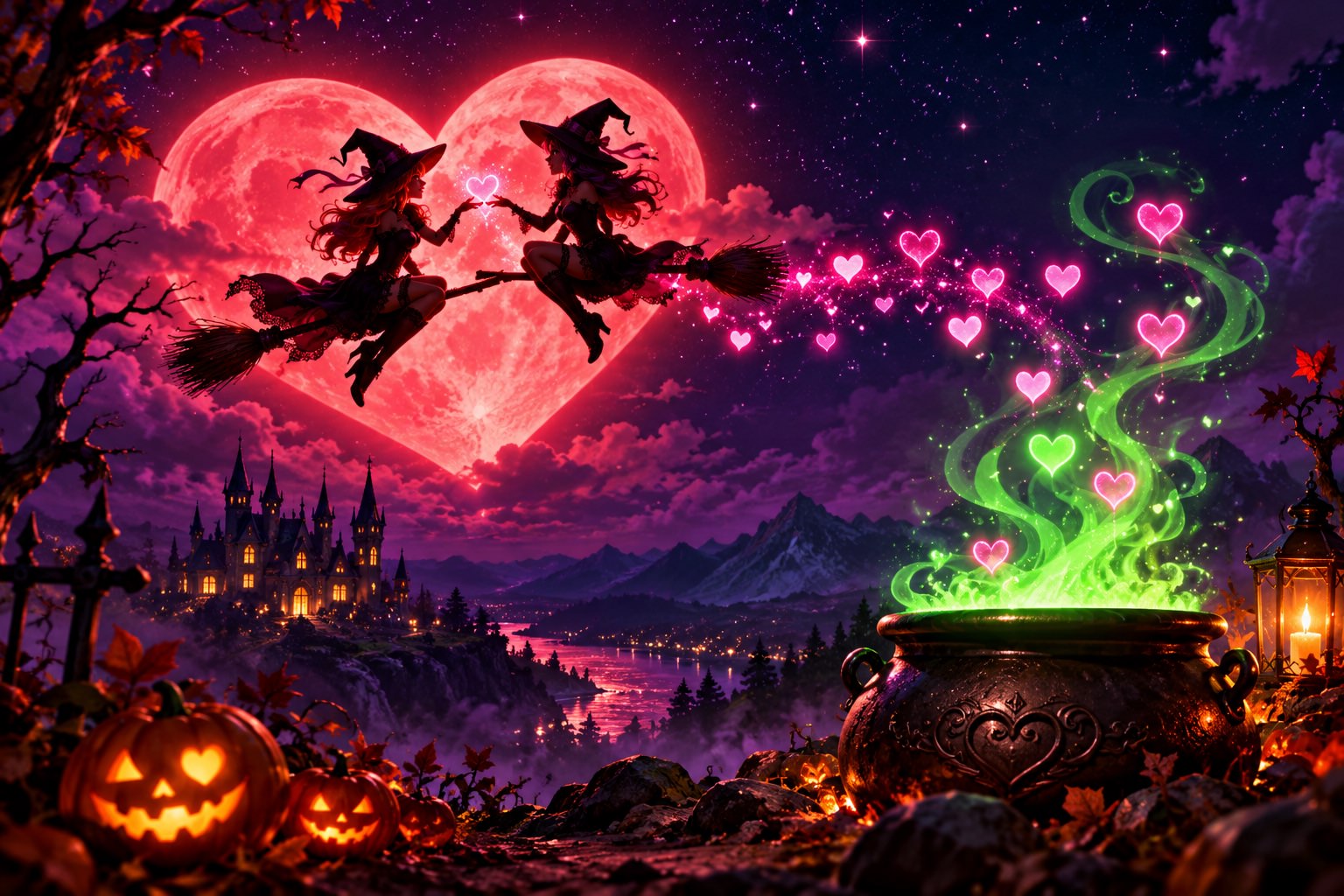 Two witches on broomsticks crossing a heart-shaped moon