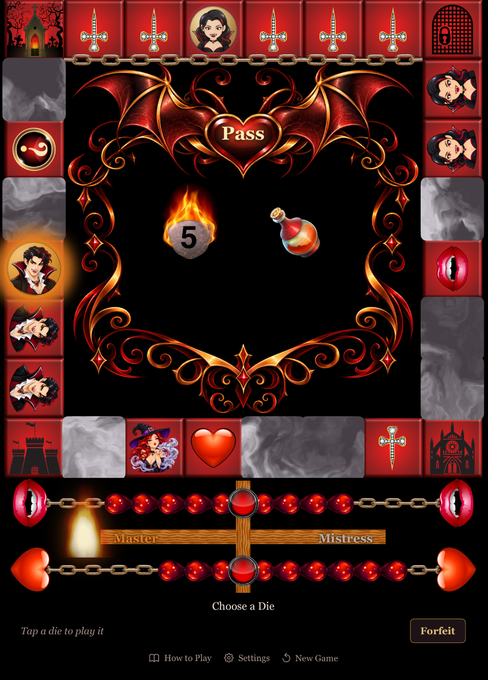 The Fangs & Hearts board: fog, claimed territory, the dice inside a gothic frame and the blood meters below