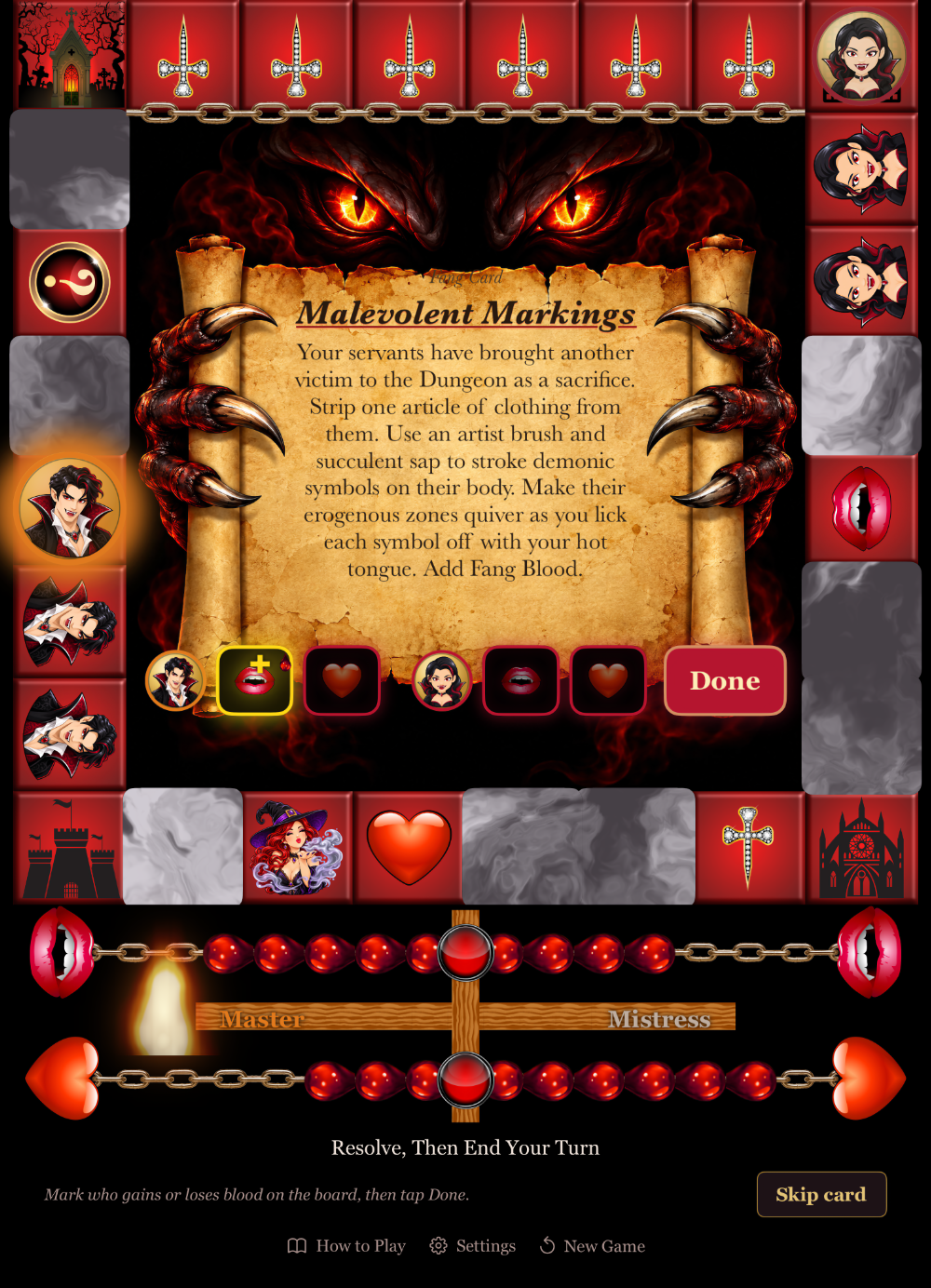 A Fang card on the parchment scroll with the blood tally and Done beneath it