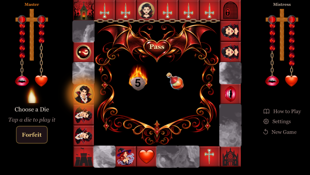 iPhone held sideways: the board centred with each player's half of the blood cross beside it