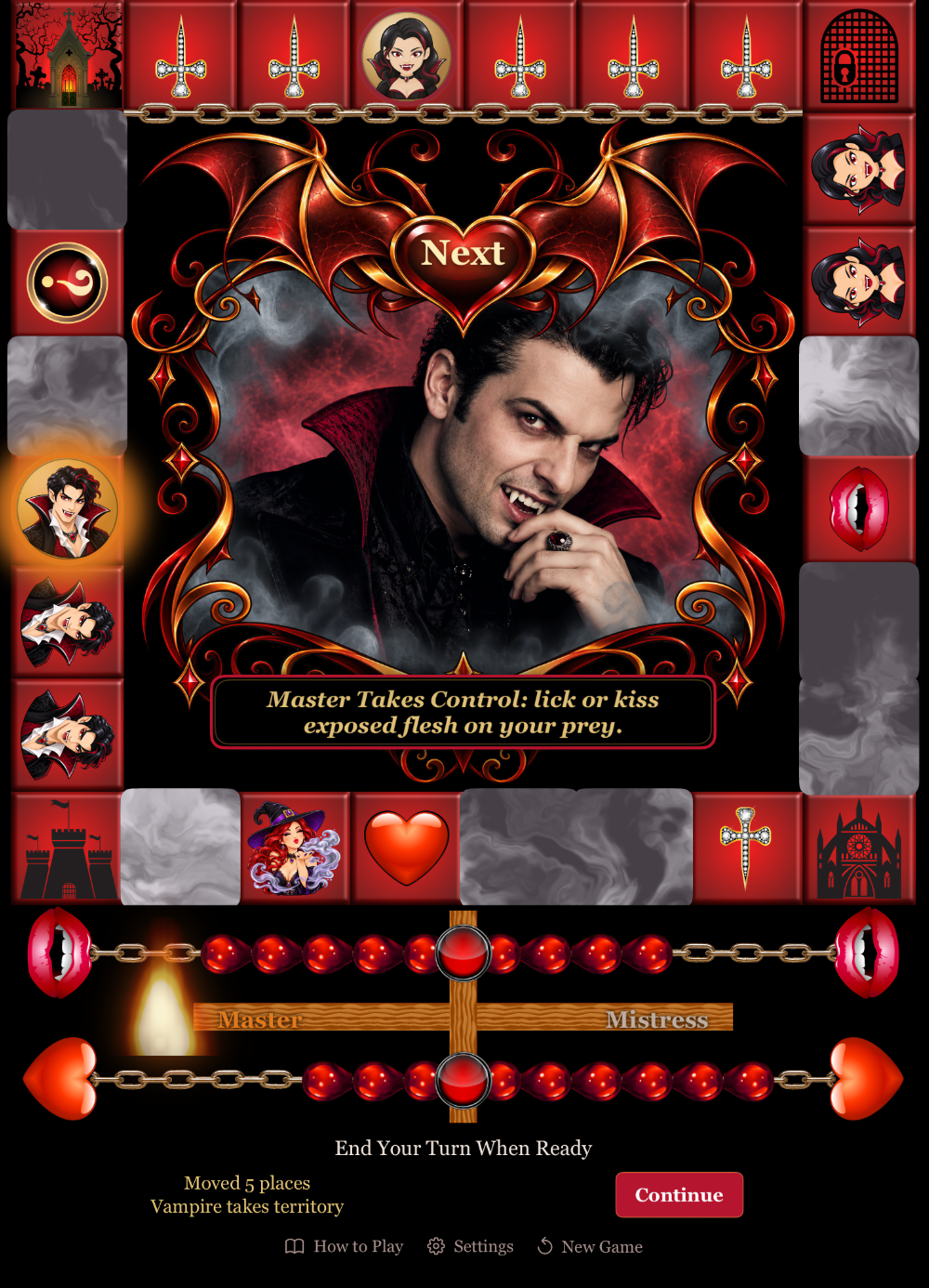 A vampire takes a square; the plaque under the scene reads Master Takes Control: lick or kiss exposed flesh on your prey