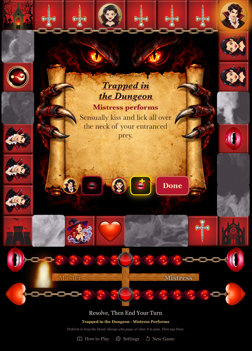 [UPLOAD Screenshots/iPad/05-trap-encounter.png] The scroll reads Trapped in the Dungeon, Mistress performs