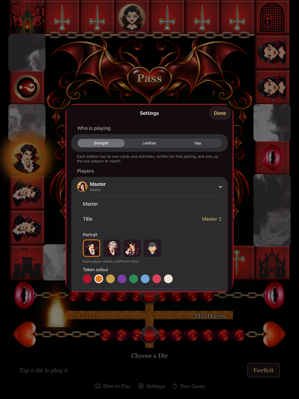 The Settings screen opening on Who is playing: Straight, Lesbian, Gay