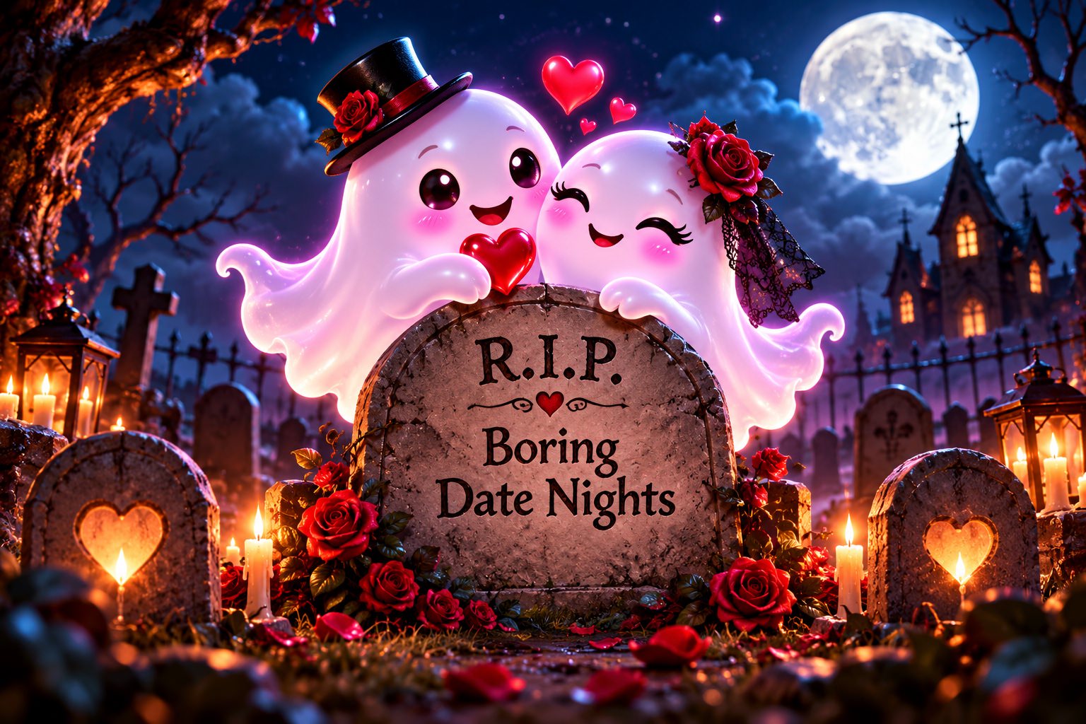 Two cute ghosts in love behind a headstone reading R.I.P. Boring Date Nights