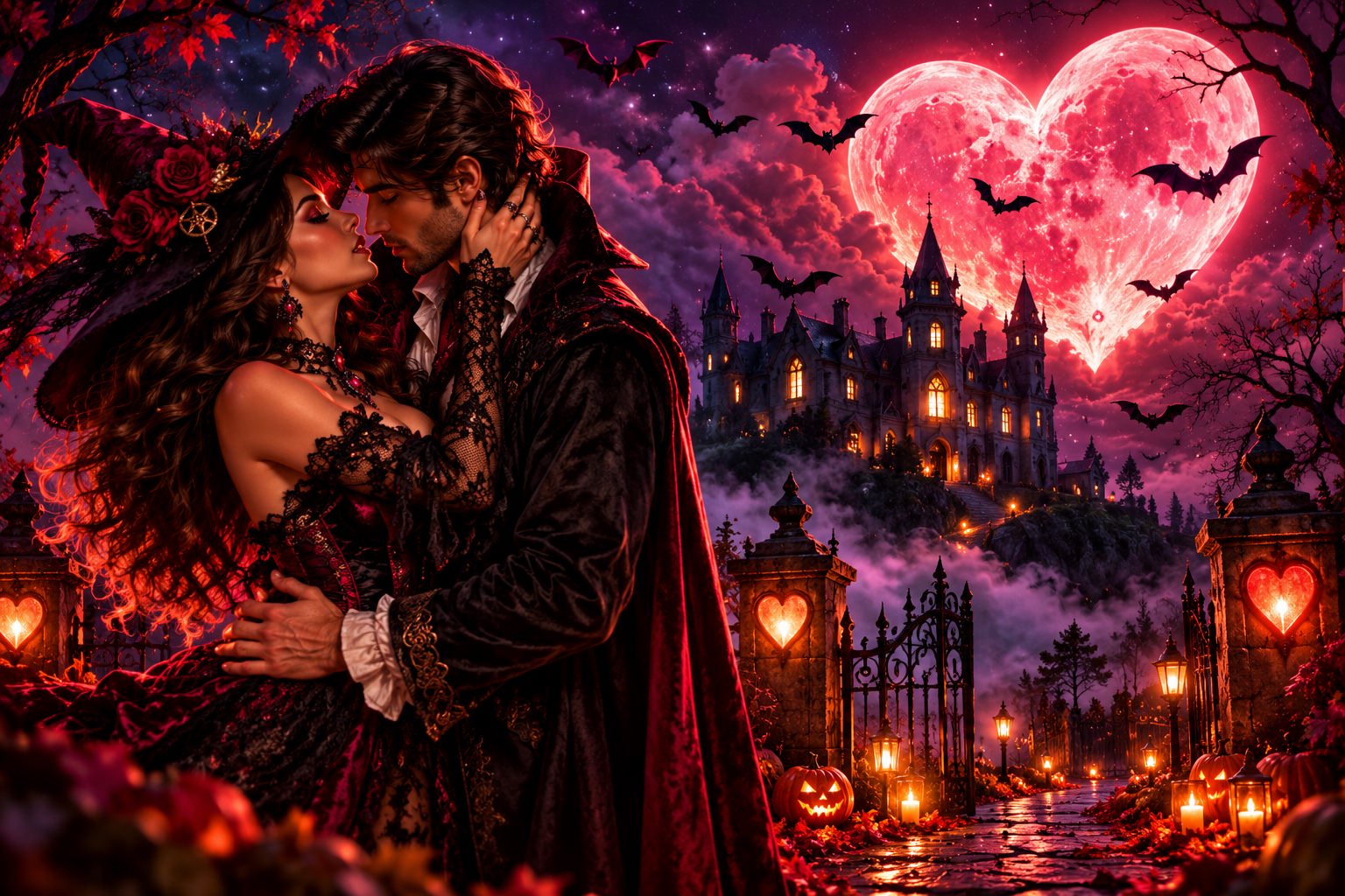 A witch and a vampire kissing beneath a heart-shaped moon and a gothic castle