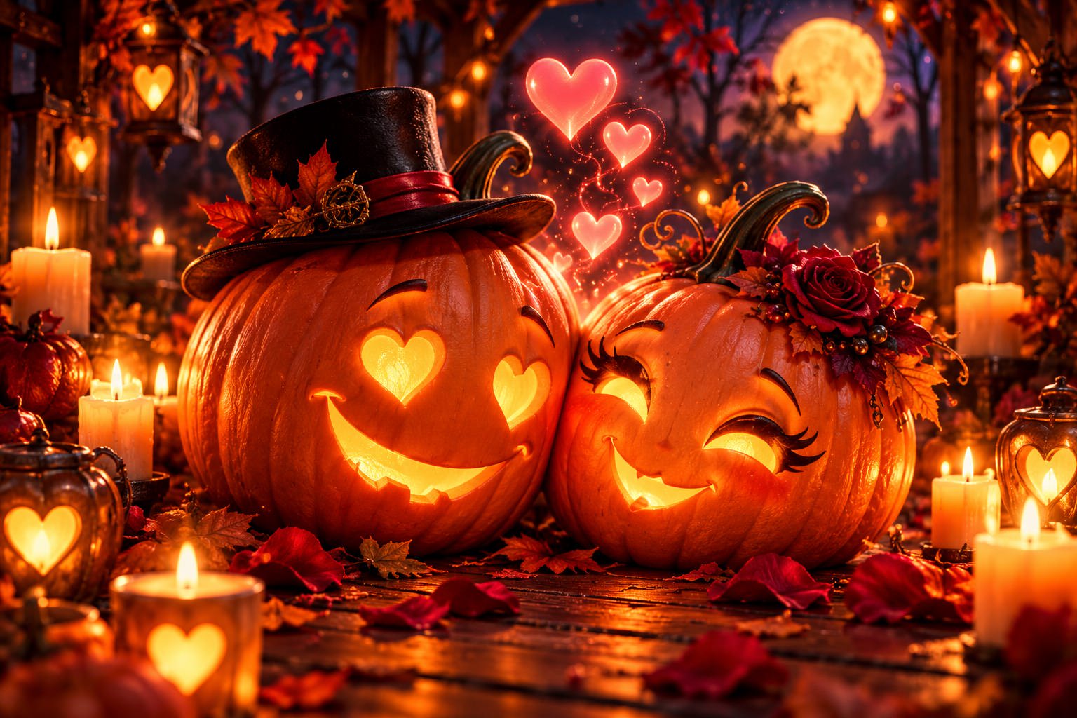 Two jack-o'-lanterns with heart-shaped eyes and a top hat, surrounded by candles