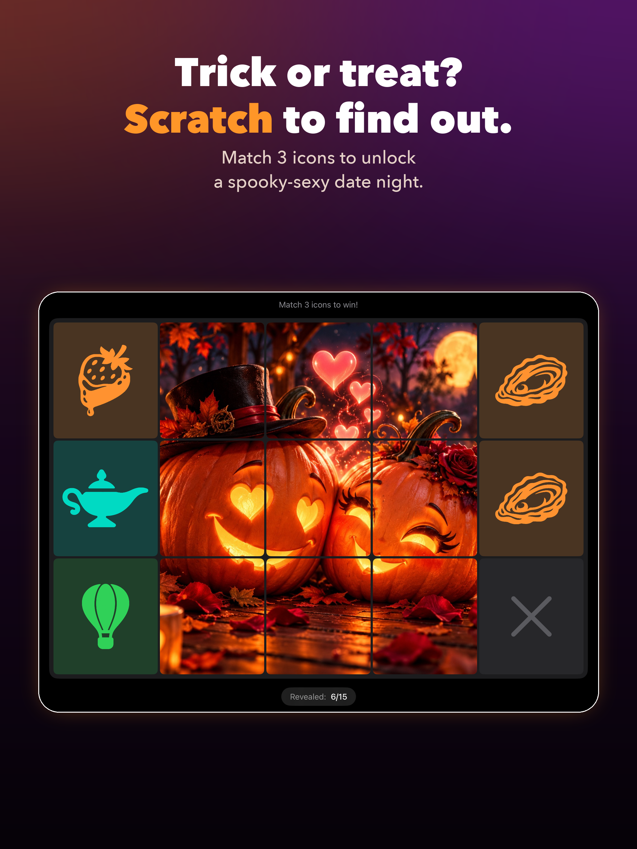 A Romantic Reveal scratch card with a Halloween pumpkin cover, partly scratched